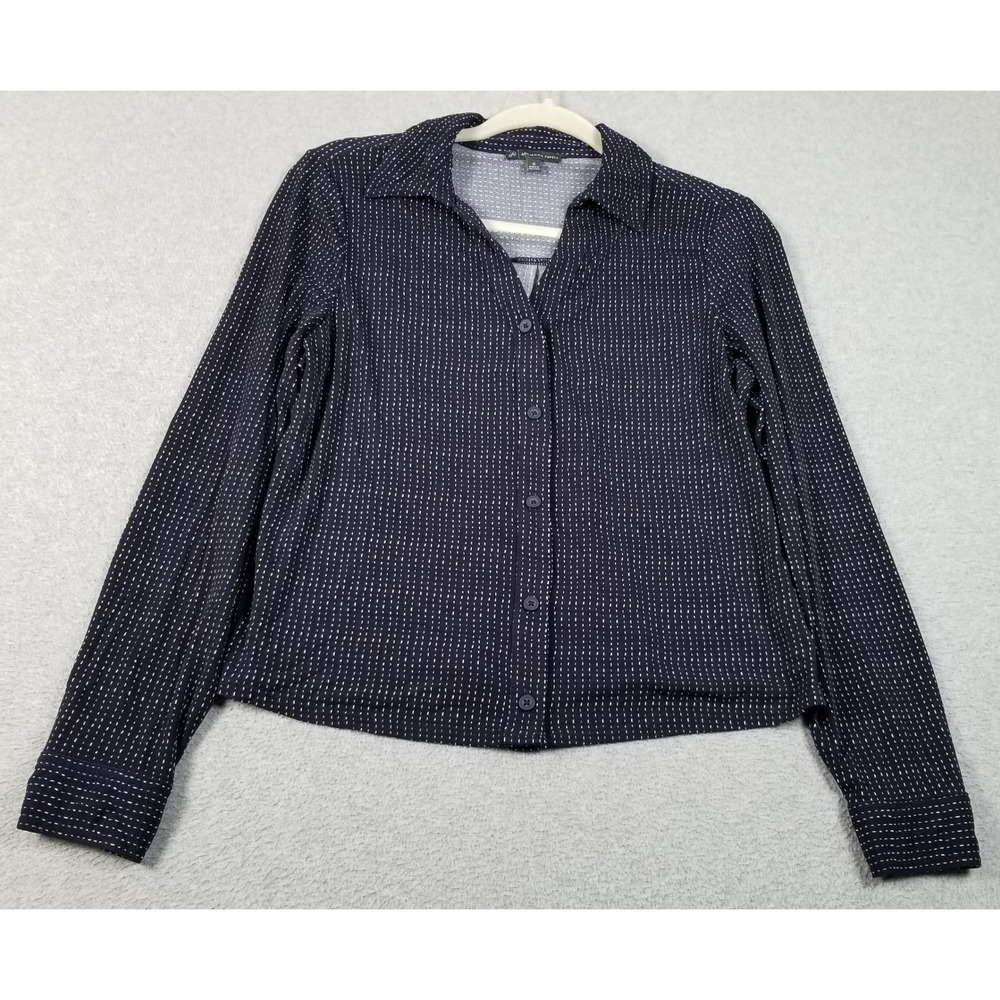Adrianna Papell Button Up Shirt Women Medium Blue White Dash Long Sleeve Stretch